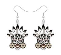 NEWEI Acrylic Funny Tribal Mask Dangle Earrings Vintage Native American Style Feather Design Quirky Face Earrings American Indian Traditional Culture Jewellery Gifts for Women (Grey)