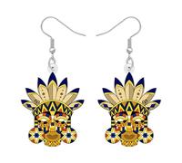NEWEI Acrylic Funny Tribal Mask Dangle Earrings Vintage Native American Style Feather Design Quirky Face Earrings American Indian Traditional Culture Jewellery Gifts for Women (Yellow)