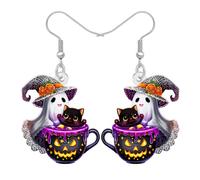 NEWEI Acrylic Halloween Horror Ghost and Black Cat Dangle Earrings Gifts for Women Gothic Spooky Witch Hat Quirky Holiday Costume Jewellery Accessories for Cat Lovers (Purple)