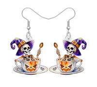 NEWEI Acrylic Horror Day of the Dead Skeleton Skull Dangle Earrings Halloween Gifts for Women, Spooky Witch Hat Gothic Style Quirky Halloween Costume Jewellery (White)