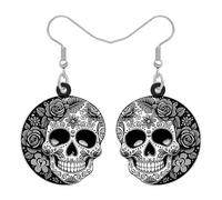 NEWEI Acrylic Horror Day of the Dead Sugar Skull Dangle Earrings Halloween Gifts for Women, Gothic Mexican Style Spooky Floral Quirky Halloween Costume Jewellery (Grey)