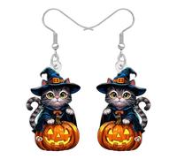 NEWEI Acrylic Horror Halloween Black Cat Pumpkin Dangle Earrings Gifts for Women Cat Lovers, Quirky Jack O Lantern Spooky Witch Hat Halloween Costume Jewellery (Black)