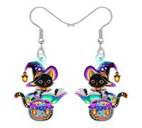 NEWEI Acrylic Horror Halloween Black Cat Witch Dangle Earrings Gifts for Women Cat Lovers, Spooky Gothic Skeleton Magical Cauldron Quirky Halloween Costume Jewellery (Colorful)