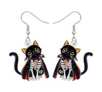NEWEI Acrylic Horror Halloween Black Cat Witch Dangle Earrings Gifts for Women Cat Lovers, Spooky Gothic Skeleton Magical Cauldron Quirky Halloween Costume Jewellery (Black)