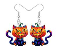 NEWEI Acrylic Horror Halloween Jack O Lantern Black Cat Dangle Earrings Gifts for Women Cat Lovers, Spooky Pumpkin Design Quirky Halloween Costume Jewellery (Black)