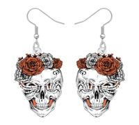 NEWEI Acrylic Horror Halloween Sugar Skull Dangle Earrings Gifts for Women, Mexican Day of Dead Style, Spooky Gothic Rose Quirky Halloween Costume Jewellery (Grey)