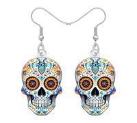 NEWEI Acrylic Horror Halloween Sugar Skull Dangle Earrings Gifts for Women, Mexican Day of Dead Style, Spooky Gothic Rose Quirky Halloween Costume Jewellery (Colorful)