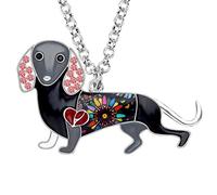 NEWEI Enamel Cute Dachshund Dog Necklace Pendant Rhinestones Ears Dachshund Dog Necklace Jewelry (Black)