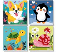 NEWENMO 4 Pack Animals Paint by Numbers Kits Framed Canvas 20x20cm | Dog Penguin Turtle Snail Paint by Number with Frames,DIY Painting by Numbers,Acrylic Oil Paints for Home Decoration