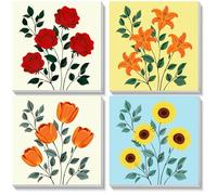 NEWENMO 4 Pack Paint by Numbers Kit,Flowers Paint by Number with Frame,Painting by Numbers,DIY Acrylic Art Painting on Canvas for Home Decoration 20x20cm