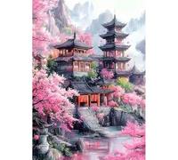 NEWENMO 5D Chinese Architecture Diamond Painting Kits Adults,DIY Pink Cherry Blossoms Diamond Arts Mosaic Kits Complete,Romantic Full Round Drill Gem Art for Living Room Home Decoration,30x40cm