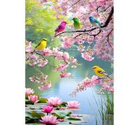 NEWENMO 5D Colorful Songbirds Diamond Painting Kits Full Drill for Adults | DIY Crystal Embroidery Craft Featuring Pink Flowers,Landscape Diamond Painting,Diamond Art,Home Wall Decoration,30x40cm