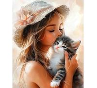 NEWENMO Beautiful Lady Paint by Numbers Kits Adults,Cute Cat Painting by Number Kit,DIY Paint by Numbers,Hand Painted Oil Painting Kit Complete,for Beginners Home Decoration 30x40cm