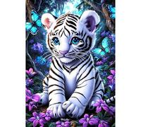 NEWENMO Cute White Tiger Diamond Painting Kits Adults,5D Flowers and Butterflies Diamond Art,DIY Diamond Arts Mosaic Kits for Adults Beginner,Full Round Drill Gem Art for Home Decoration,30x40cm