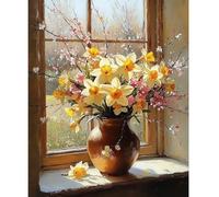 NEWENMO Daffodils and Cherry Blossoms Paint by Numbers Kits Oil Painting | DIY Complete Hand Painted Craft Featuring Flowers,Paint by Numbers,Oil Painting,Floral Home Wall Decoration,30x40cm