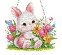 NEWENMO Easter Bunny Diamond Art Hanging Ornaments,5D Flowers Acrylic Board Gem Painting Crafts,Special Shaped Diamond Painting Hanging Kits,Sequin Art Kit Craft Set,for Easter Home and Garden Decor