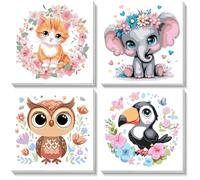 NEWENMO Framed 4 Pack Paint by Numbers Animals,Kitten Elephant Owl Toucan Pattern on Canvas,Painting by Numbers Kit,DIY Acrylic Oil Paints for Home Decoration 20x20cm