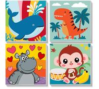NEWENMO Framed 4 Pack Paint by Numbers Animals,Whale Dinosaur Hippo Monkey Pattern on Canvas,Painting by Numbers Kit,DIY Acrylic Oil Paints for Home Decoration 20x20cm