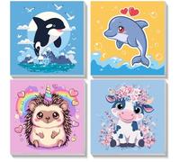 NEWENMO Orca Dolphin Hedgehog Cow Paint by Numbers Kits with Frame 20x20cm | 4 Pack Animals Paint by Number Framed Canvas,DIY Painting by Numbers,Acrylic Oil Paints for Home Decoration