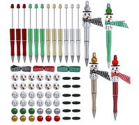 NEWEST 12 Pieces Christmas Beadable Pens, Plastic Bead Pens with 48 Snowman Beads & 3 Ribbons DIY Pen Making Kit Black Ink Beaded Ballpoint Pens Bulk for Christmas Gifts School Office Supplies