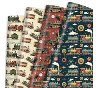 NEWEST 12 Sheets Vintage Train Wrapping Paper for Boys Birthday, 50 x 70 cm | Retro Steam Train Gift Wrap with Tracks Design, Locomotive Theme Gift Wrap for Baby Shower, Transportation Theme Party