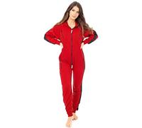 NewFaceLook Womens Striped Onesie Ladies Jumpsuit One Piece Pajamas Unisex Nightwear All in One Hooded Onesies for Women Zip Up Fleece Overall Jumpsuit Playsuit S-XL Red