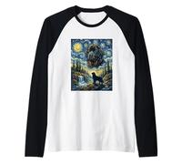 Newfoundland Dog Moon Howling Starry Night Van Gogh Style Raglan Baseball Tee