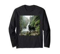 Newfoundland Dog Waterfall Cliff Forest Scene Long Sleeve T-Shirt