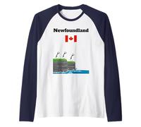 Newfoundland Puffin Sea Cliffs Canada Flag Trip Souvenir Raglan Baseball Tee