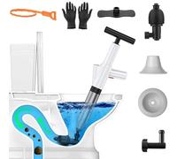 NewFree Toilet Plunger, High Pressure Plunger Kit with Real-Time Barometer, Stainless Steel Air Drain Blaster Gun with 4 Replaceable Heads and 3 Hair Cleaner, for Sink/Floor Drain/Pipe Clog