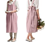 NEWGEM Japanese Cotton Cross Back Smock Apron for Women with Pockets Pink