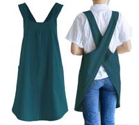 NEWGEM Japanese Cotton Linen Cross Back Cooking Apron for Women Men with Pockets Cute for Baking Kitchen, #7 Women's Dark Green, One Size