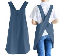 NEWGEM Japanese Cotton Linen Cross Back Cooking Apron for Women Men with Pockets Cute for Baking Kitchen, #8 Women's Blue Gray, One Size