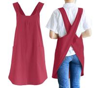 NEWGEM Japanese Linen Cross Back Kitchen Cooking Aprons for Men with Pockets for Baking Painting Gardening Cleaning Dark Red
