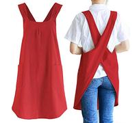 NEWGEM Japanese Linen Cross Back Kitchen Cooking Aprons for Men with Pockets for Baking Painting Gardening Cleaning Dark Red