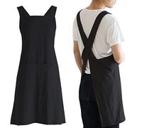 NEWGEM Japanese Linen Cross Back Kitchen Cooking Aprons for Men with Pockets for Baking Painting Gardening Cleaning Black, Men's Black, One size