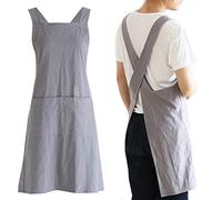 NEWGEM Japanese Linen Cross Back Kitchen Cooking Aprons for Men with Pockets for Baking Painting Gardening Cleaning Gray