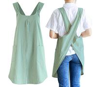 NEWGEM Japanese Linen Cross Back Kitchen Cooking Aprons for Men with Pockets for Baking Painting Gardening Cleaning Light Green