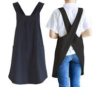 NEWGEM Japanese Linen Cross Back Kitchen Cooking Aprons for Men with Pockets for Baking Painting Gardening Cleaning Black