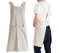 NEWGEM Japanese Linen Cross Back Kitchen Cooking Aprons for Men with Pockets for Baking Painting Gardening Cleaning Khaki