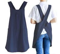 NEWGEM Japanese Linen Cross Back Kitchen Cooking Aprons for Men with Pockets for Baking Painting Gardening Cleaning Navy Blue