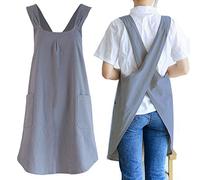 NEWGEM Japanese Linen Cross Back Kitchen Cooking Aprons for Women with Pockets Cute for Baking Painting Gardening Cleaning Gray