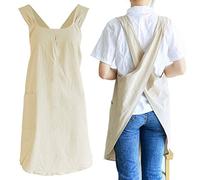 NEWGEM Japanese Linen Cross Back Kitchen Cooking Aprons for Women with Pockets Cute for Baking Painting Gardening Cleaning Khaki