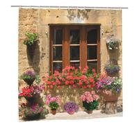 Newhomestyle Retro Windows Garden Shower Curtain, Beautiful Flowers Flowerpot Scenery Outside the Window Waterproof Bath Curtains, Floral Outdoor Bathtub Curtain with 12 Hooks, 180X180cm