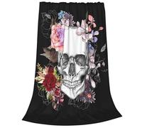 Newhomestyle Skull Flowers Throw Blanket, Happy Halloween Lightweight All Seasons Warm Skull Theme Fleece Blanket for Girl Women, Black Fuzzy Anti-pilling Warm Blanket for Bed Couch Sofa (100X125 cm)