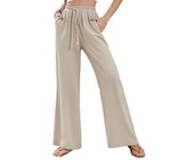 newhsy Baggy Linen Trousers Womens, Wide Leg Cropped Ladies Trouser Linen Pants with Pockets, Casual Elastic Jeans Summer Trouser for Women UK Resort Travel (Beige M)