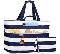 NEWIROVE Strandtasche XXL Family, Extra Groß Strandtasche Mit Reißverschluss Faltbare Badetasche Damen Wasserdicht Tote Bag Damen Herren Beach Bag Für Strand, Reisen, Urlaub. 50 L, Blue White Stripes