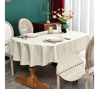 NEWISHER Farmhouse Oval Hemstitch Border Tablecloth Neutral Faux Linen Table Cloth Rustic Table Cover for Dining Kitchen Party Holiday Home (Beige, 60x84 Inch)