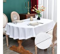 NEWISHER Farmhouse Oval Hemstitch Border Tablecloth Neutral Faux Linen Table Cloth Rustic Table Cover for Dining Kitchen Party Holiday Home (White, 52x70 Inch)