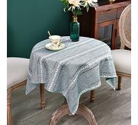 NEWISHER Rustic Farmhouse Embroidered Small Square Tablecloth, Jacquard Striped Table Cloth Washable Fabric Side Table Cover Kitchen Dining Home Decoration Blue and Grey 92×92 cm